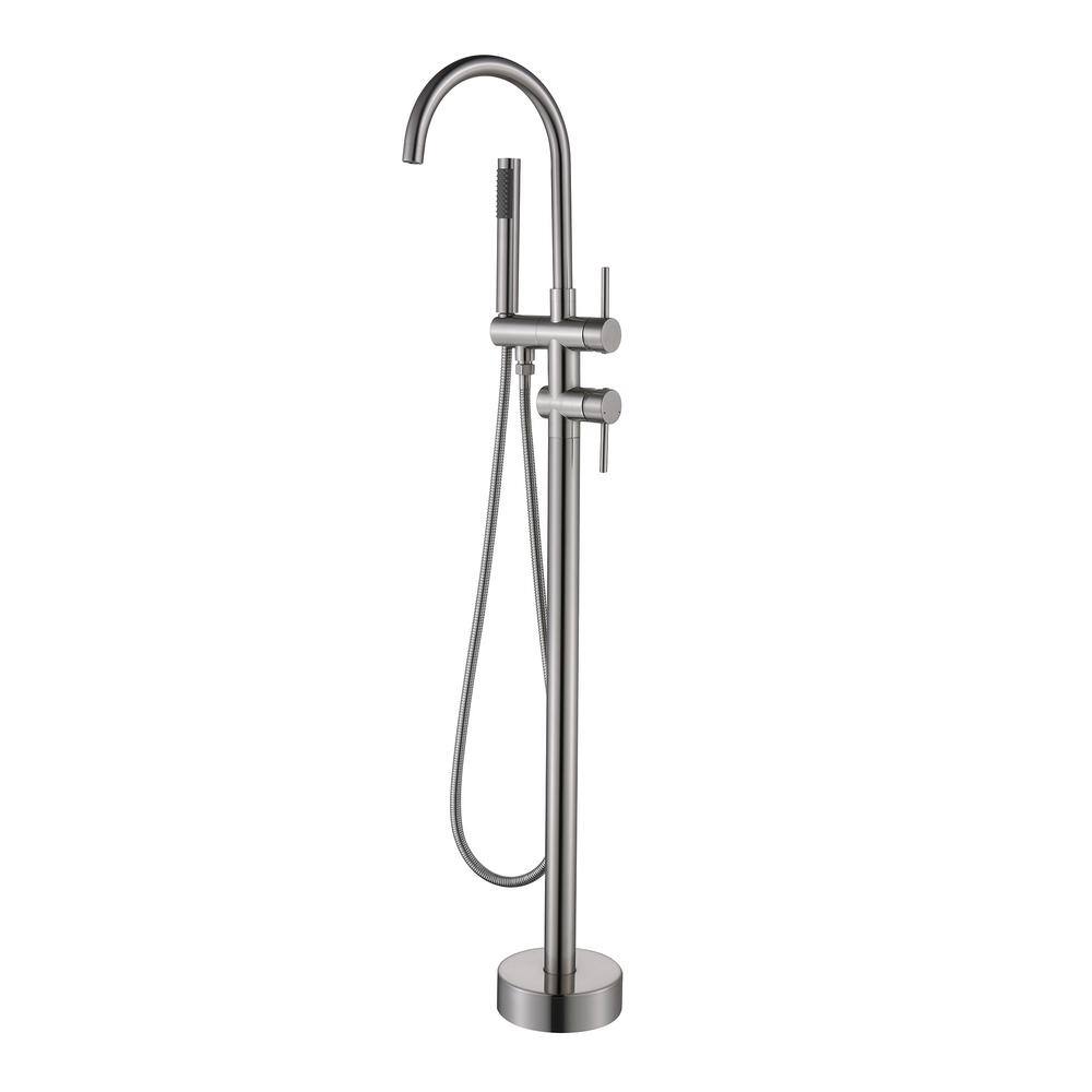 ATKING Round 2-Handle Floor-Mount Roman Tub Faucet with Hand Shower in Stainless Steel in Brushed Nickel HBF-602