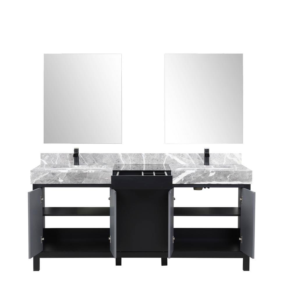 Lexora Zilara 72 in W x 22 in D Black and Grey Double Bath Vanity Castle Grey Marble Top Matte Black Faucet and 28 in Mirrors LZ342272DLISM28FCM