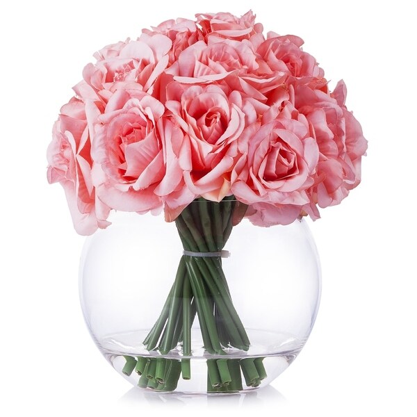 Enova Home Artificial 21 Heads Silk Roses Fake Flowers Arrangement in Round Clear Glass Vase with Faux Water for Home Decoration