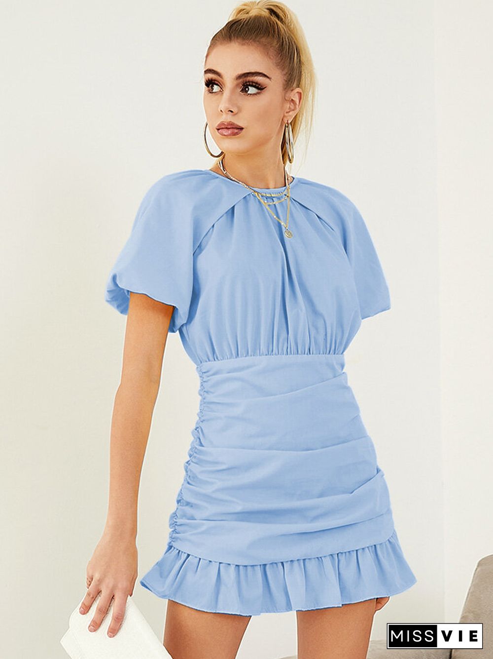 Solid Puff Sleeve Folds Ruffle Short Sleeve Casual Dress