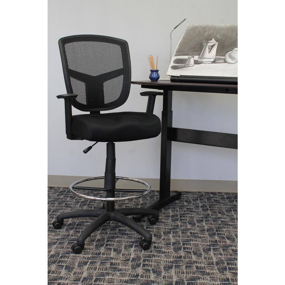 BOSS Office Products Black Mesh Drafting Chair with Adjustable Arms B16021