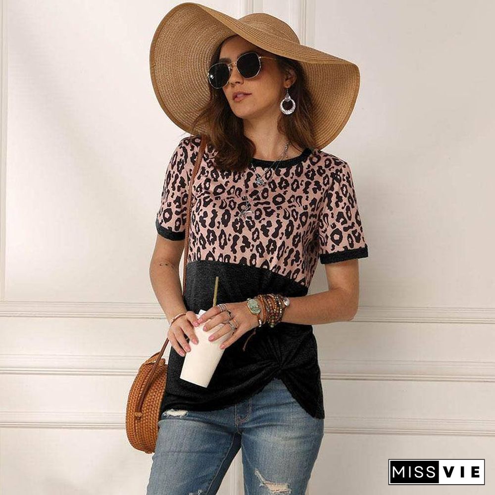 Leopard T-shirt Women Patchwork Top Summer Short Sleeve Tee Shirts Women Clothes New Tie Tops Tee Female 2XL Tee