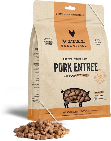 Vital Essentials Freeze-Dried Raw Pork Entree Cat Food， 8-oz bag