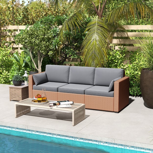 Outsunny Wicker Patio Couch Pe Rattan 3 seat Sofa Outdoor Furniture With Deep Seating Cushions Steel Frame Sand