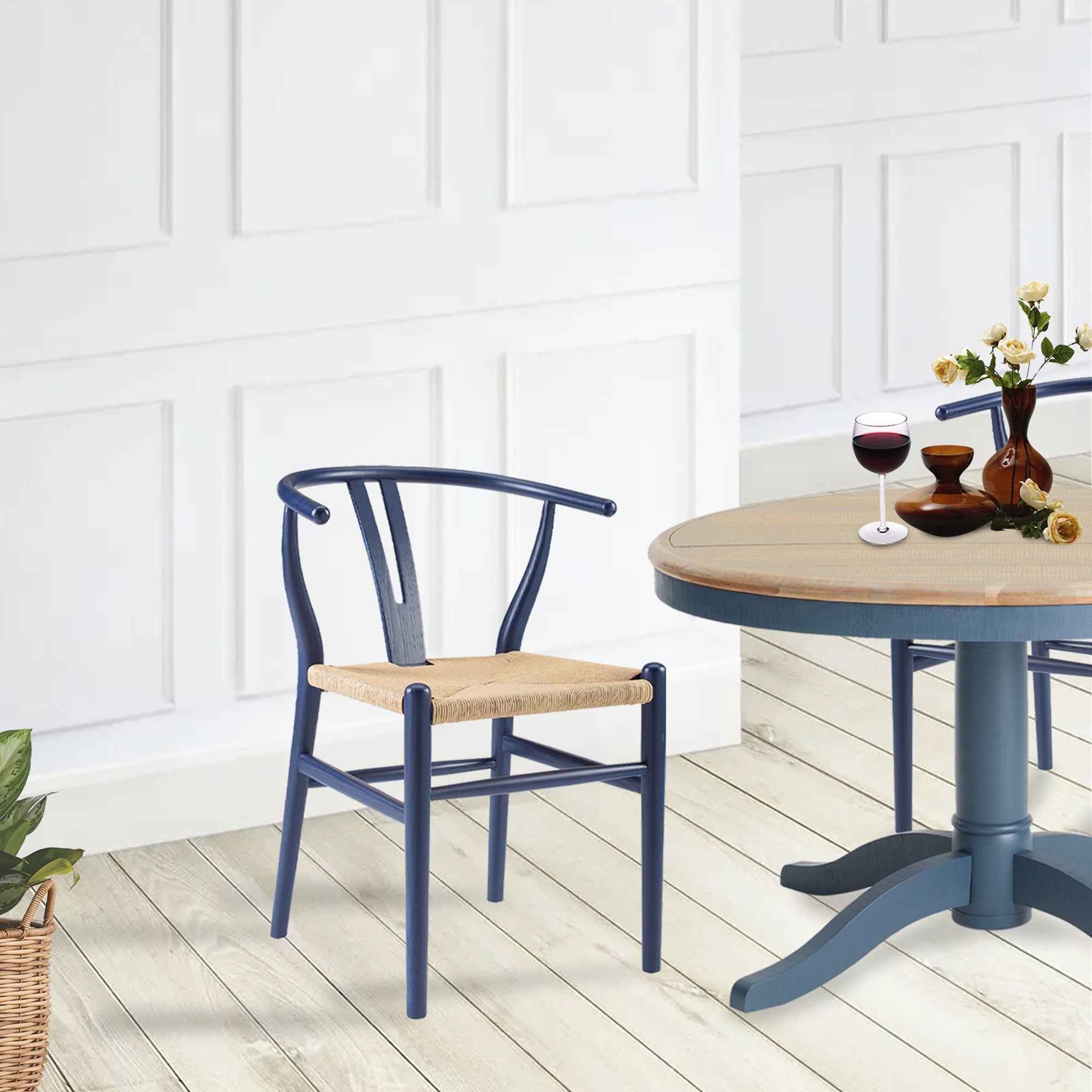 Novato Mid Century Modern Curved Blue Wooden Arm Dining Chair