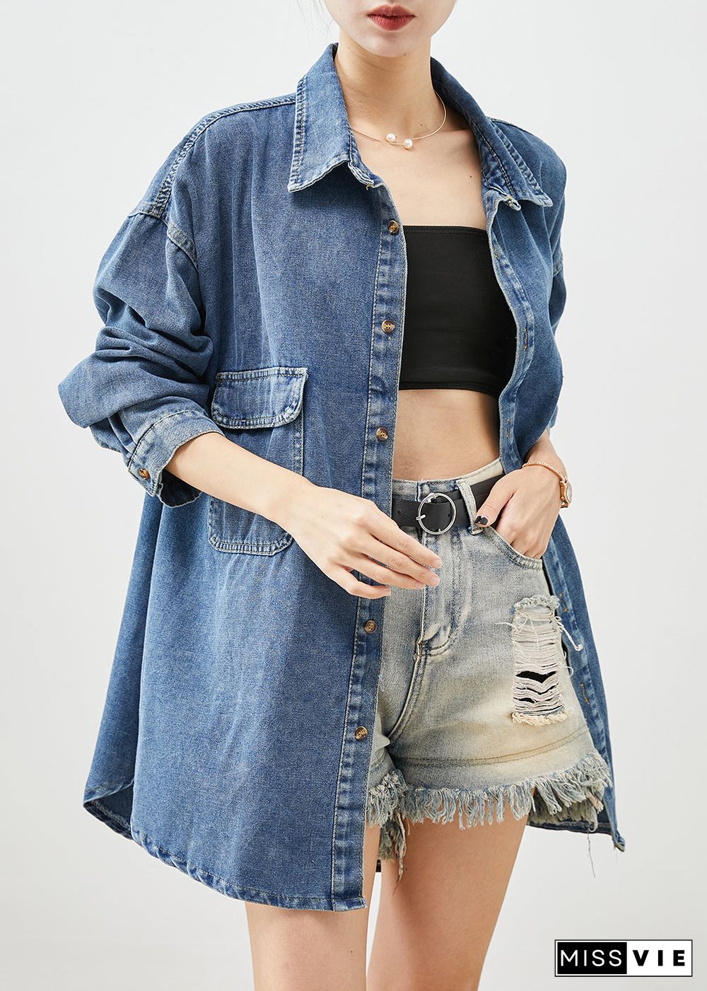 Simple Blue Oversized Pockets Denim Coat Outwear Fall