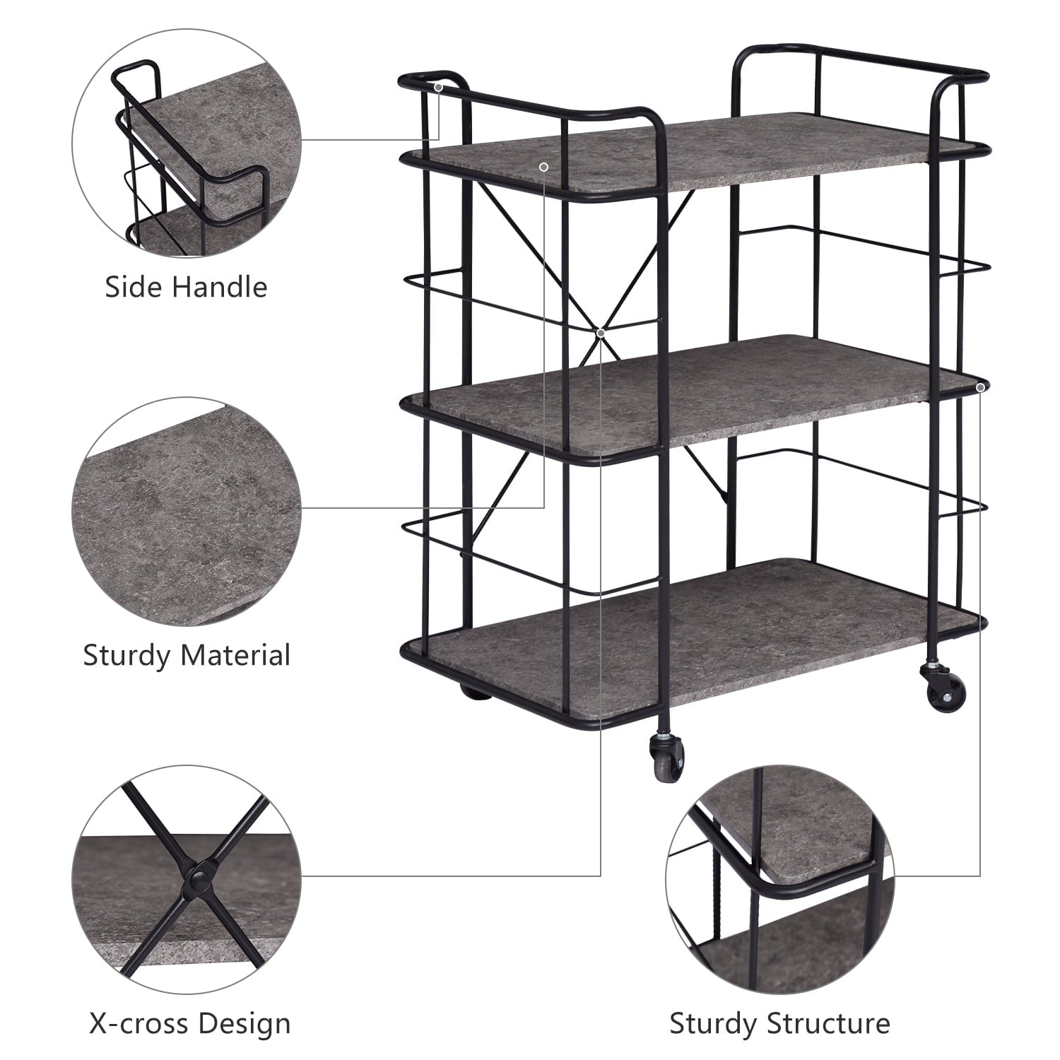 Kinbor 3 Tier Kitchen Island Serving Bar Cart Storage Rolling Serving Trolley Cart with Locking Wheels