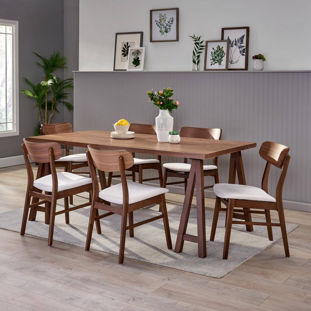 Noble House Lucious 7-Piece Rectangle Wood Top Light Beige and Walnut Standard Height Table Set 83413