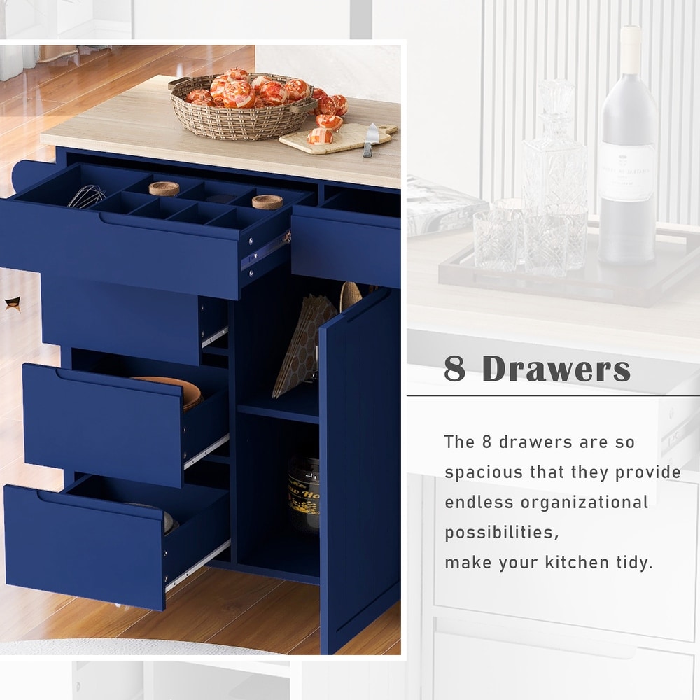 Kitchen Cart with Wood Countertop  Kitchen Island Has 8 Handle Free Drawers