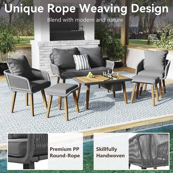 6 PCS Rope Outdoor Patio Furniture Set for 6 with Two Stools，Cool Bar Table Combo