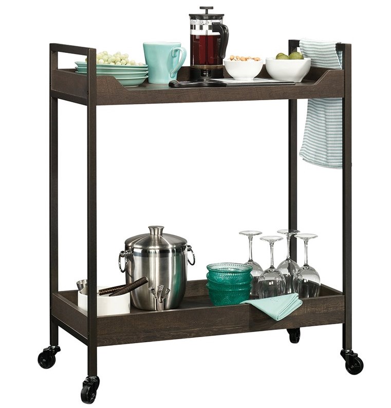 Curiod Rolling 2-Shelf Metal Framed Wood Kitchen Bar Cart， Smoked Oak Finish