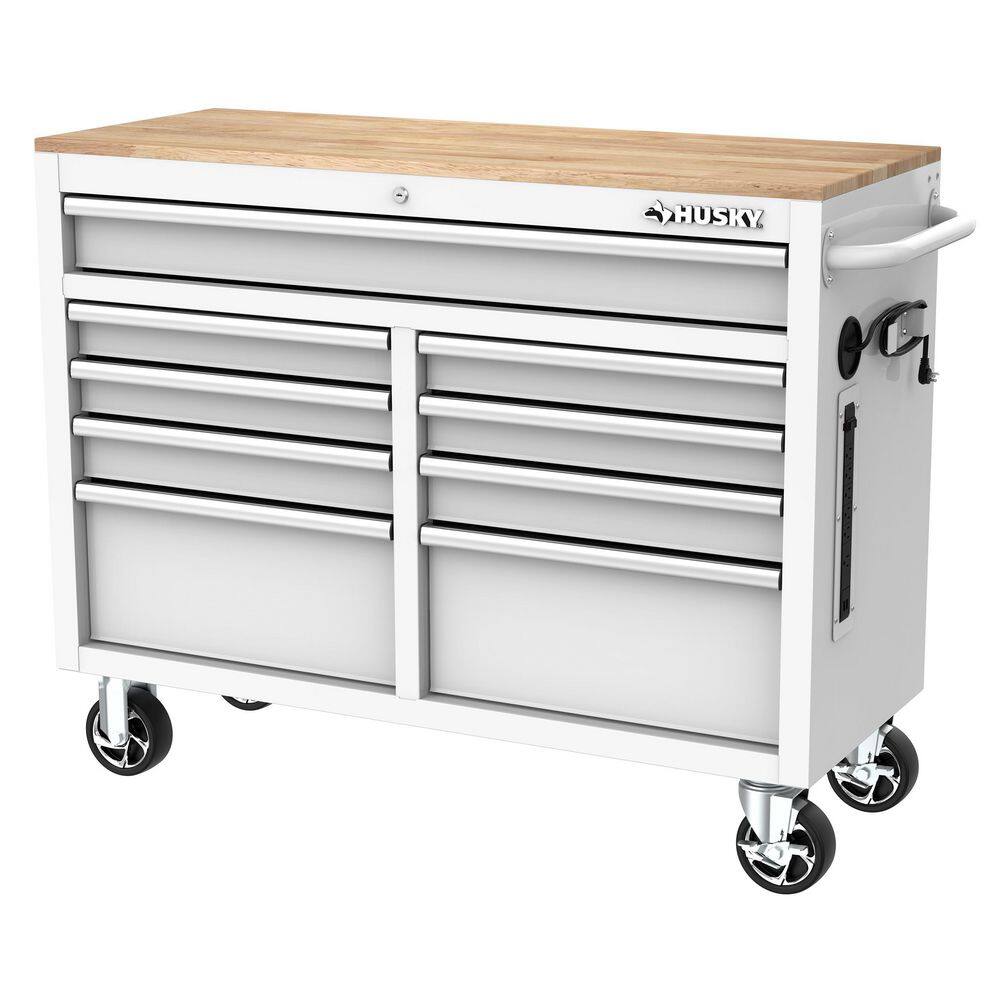 Husky 46 in. W x 18 in. D 9-Drawer Gloss White Mobile Workbench Cabinet with Solid Wood Top H46X18MWC9WHT