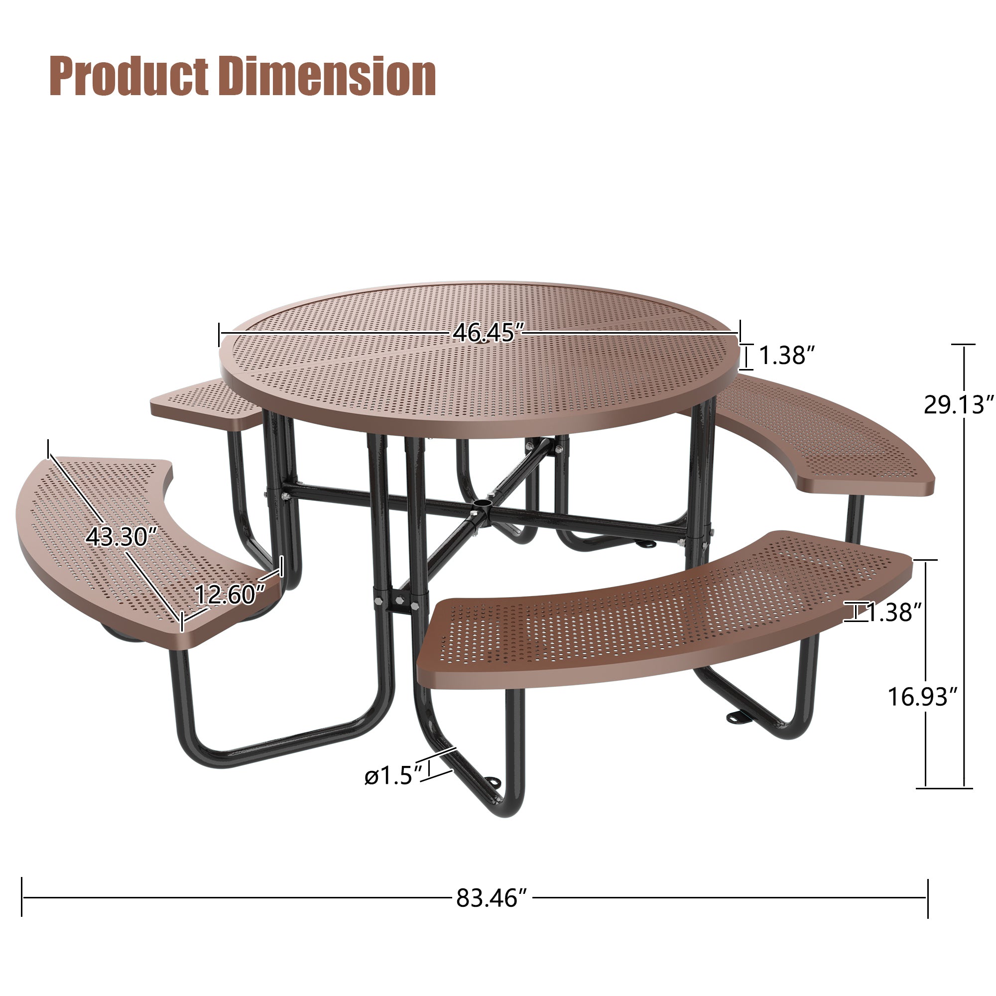 LZBEITEM 46'' Steel Round Picnic Table for Outdoors， Expanded， Lifetime Metal Picnic Table with Umbrella Hole， Heavy Duty Sturdy Commercial Picnic Tables for Garden Courtyard BBQ， Brown