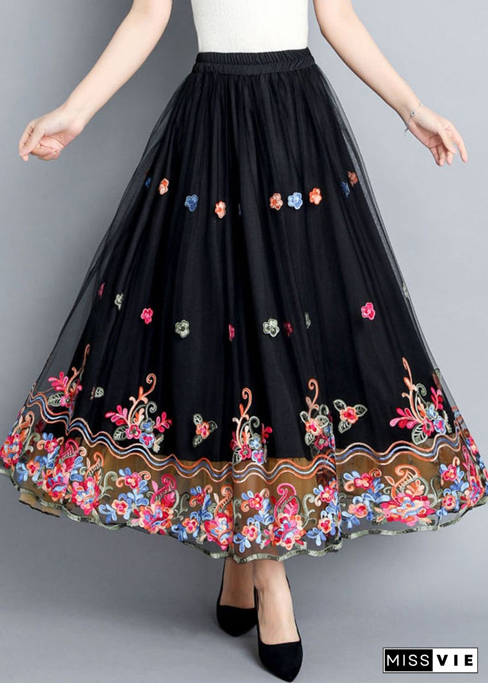 Vintage Black Embroideried Floral Tulle Maxi Skirts Summer