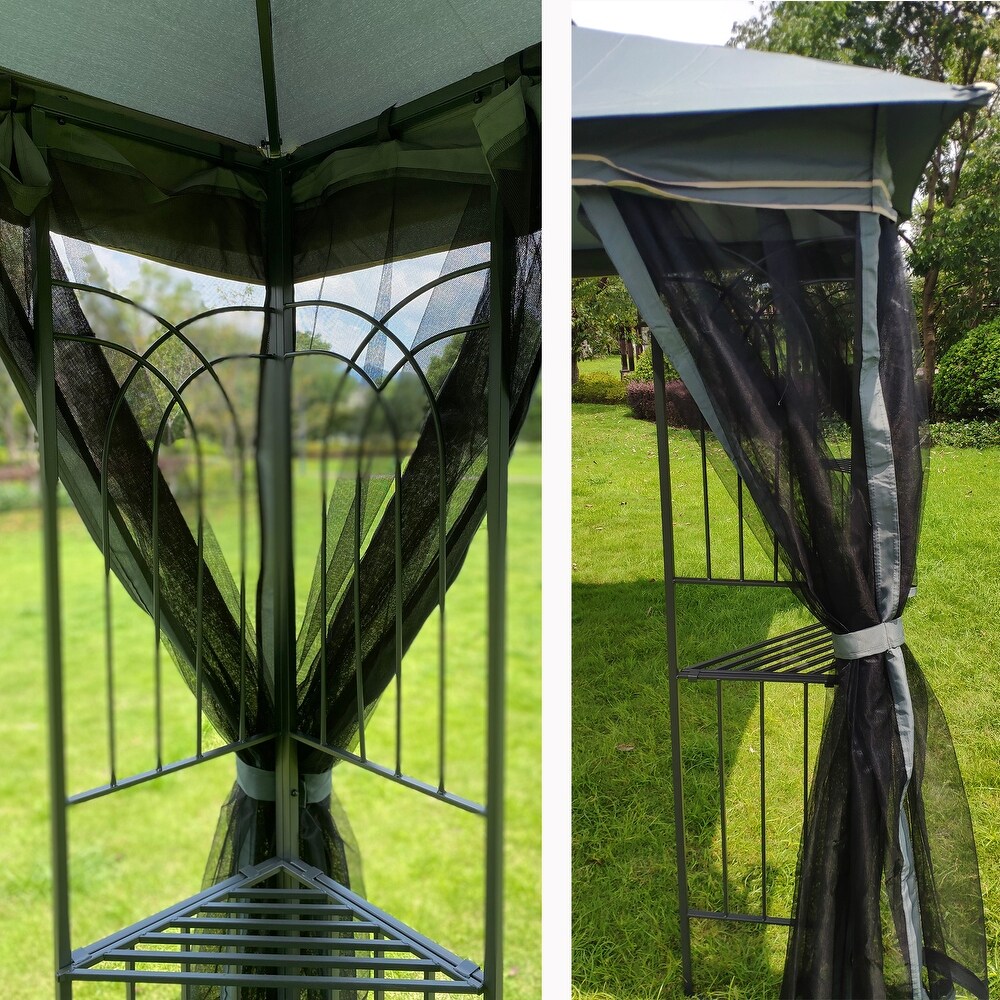 13' x 10' Outdoor Patio Garden Gazebo Canopy  Outdoor Shading with Steel Roof  2 Tier Roof Gazebo Tent With Curtains