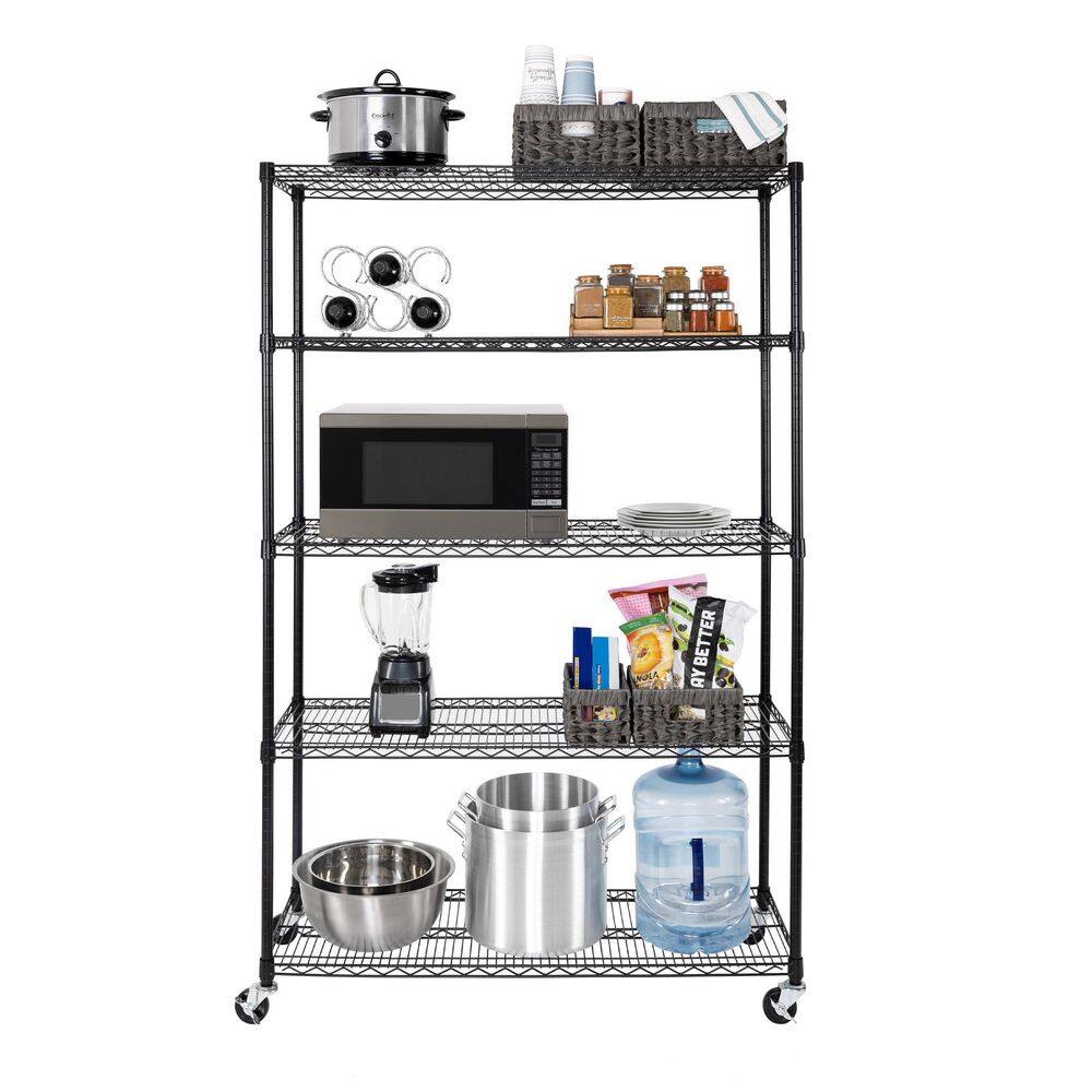 Seville Classics UltraDurable Black 5-Tier Adjustable Rolling Wire Steel Garage Storage Shelving (48 in. W x 75 in. H x 18 in. D) WEB725