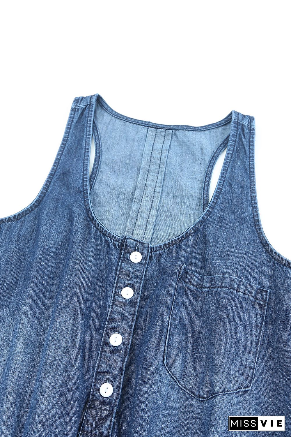 Blue High Waist Buttons Sleeveless Denim Romper