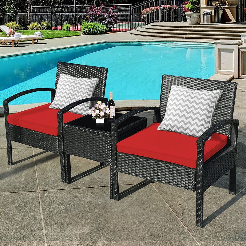 3 Pieces Outdoor Rattan Patio Conversation Set with Seat Cushions