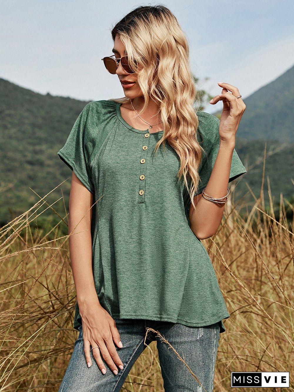 Half Button Front Flowy Tee