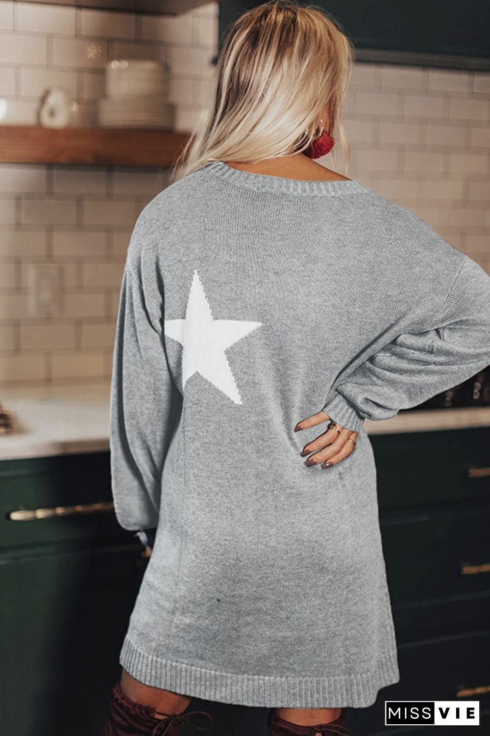 Gray Star Print Pullover Sweater Dress