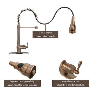 Akicon Single-Handle Pre-Rinse Spring Pull-Down Sprayer Kitchen Faucet in Antique Copper AK96518A-AC