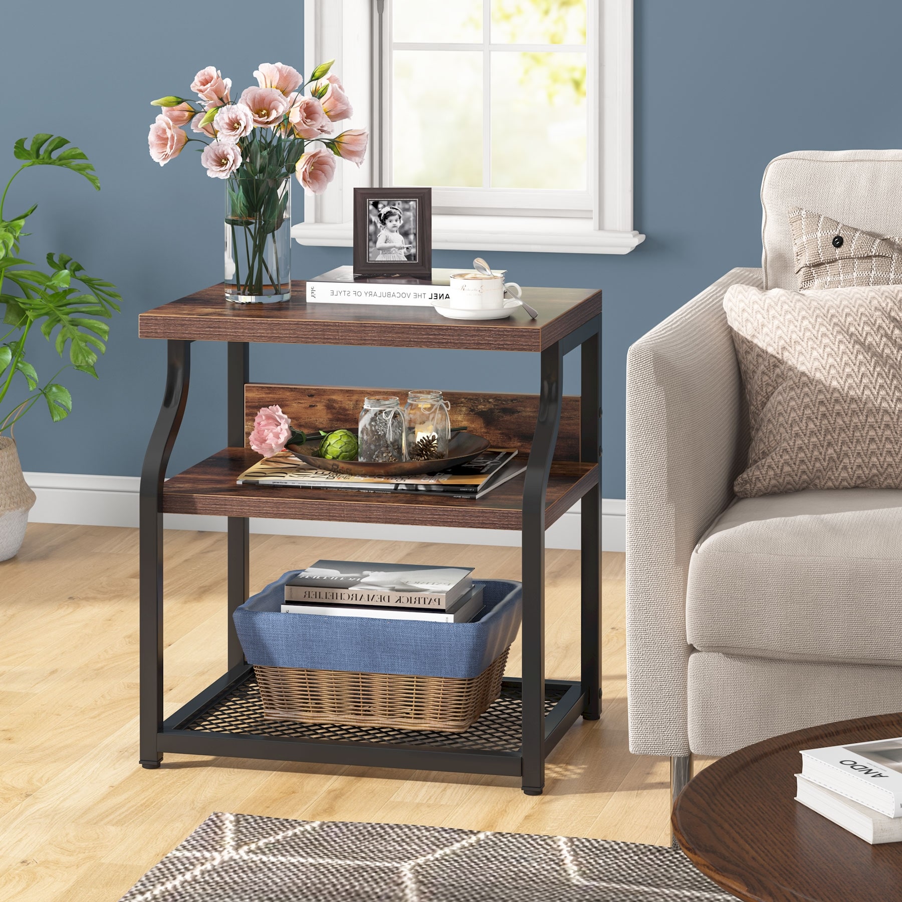 Side End Table ，Industrial 3-shelf Bedside Nightstands with Storage shelves for Small Space