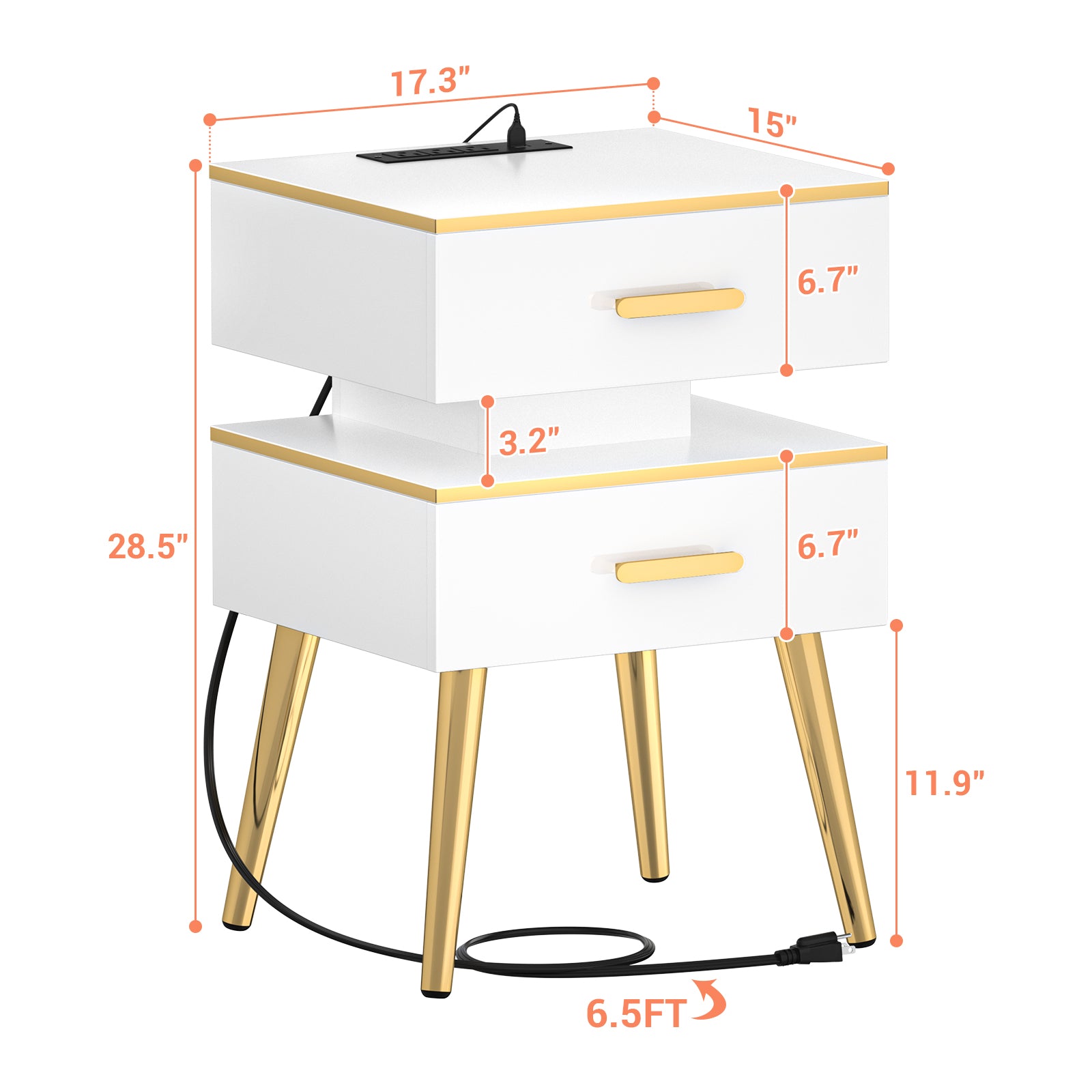 Homieasy 28.5'' Nightstand with Charging Station, Tall Bedside Tables with Led Lights, Bed Side Table Night Stand with Drawers for Bedroom and Sofa Side, White