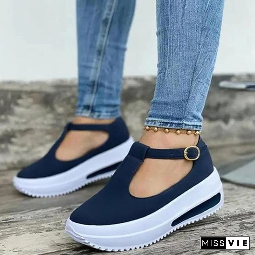 Women Summer Retro Buckle Round Head Wedge Platform Slip-On Sandals Solid Color Slipper Shake Shoes