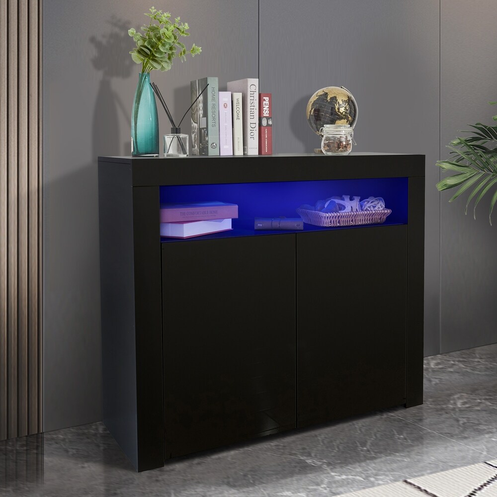 Living Room Sideboard Storage Cabinet Black High Gloss with LED Light  Modern Kitchen Unit Cupboard Buffet Wooden Storage