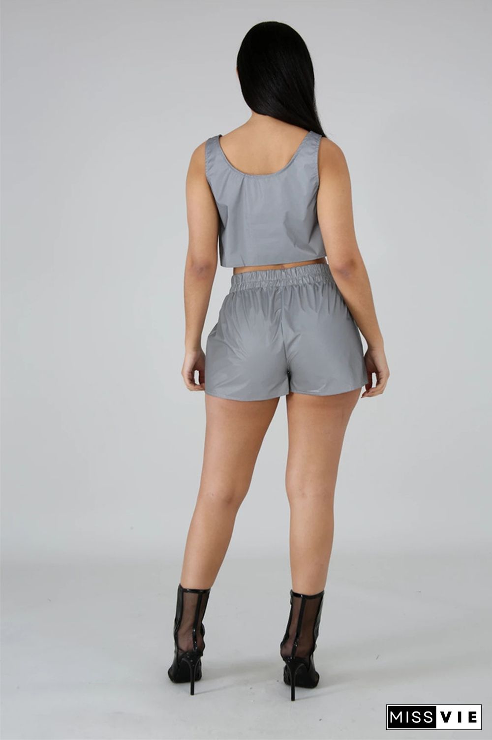 Reflective Sleeveless Crop Top Biker Shorts Sweat Suit