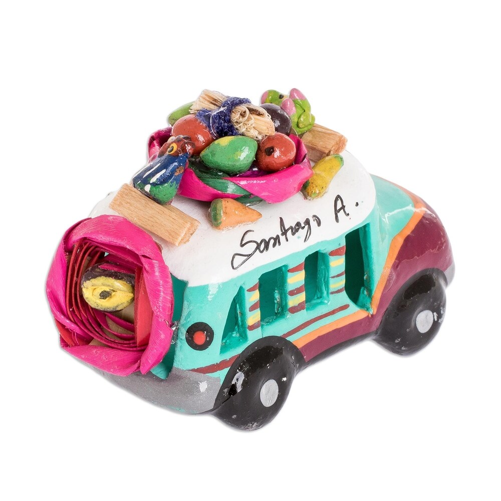 Novica Handmade Brown Turquoise Old Time Bus Mini Ceramic Sculpture