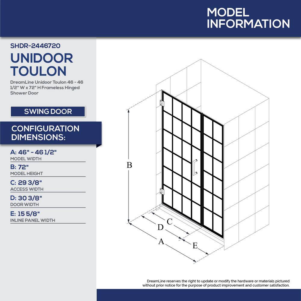 DreamLine Unidoor Toulon 46 in. to 46-12 in. W x 72 in. H Frameless Hinged Shower Door in Satin Black SHDR-2446720-89