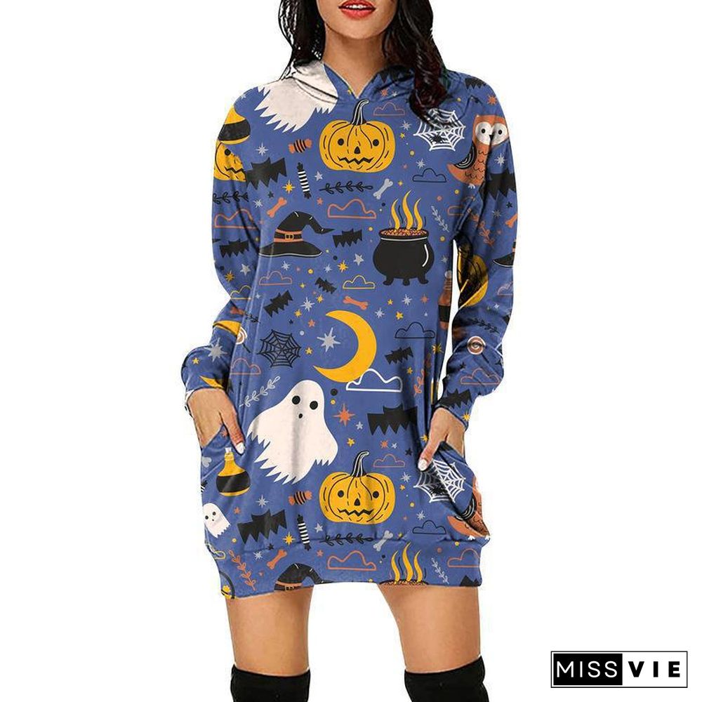 Casual Long Sleeve Graphic Print Hoodie Sweatshirt Mini Dress