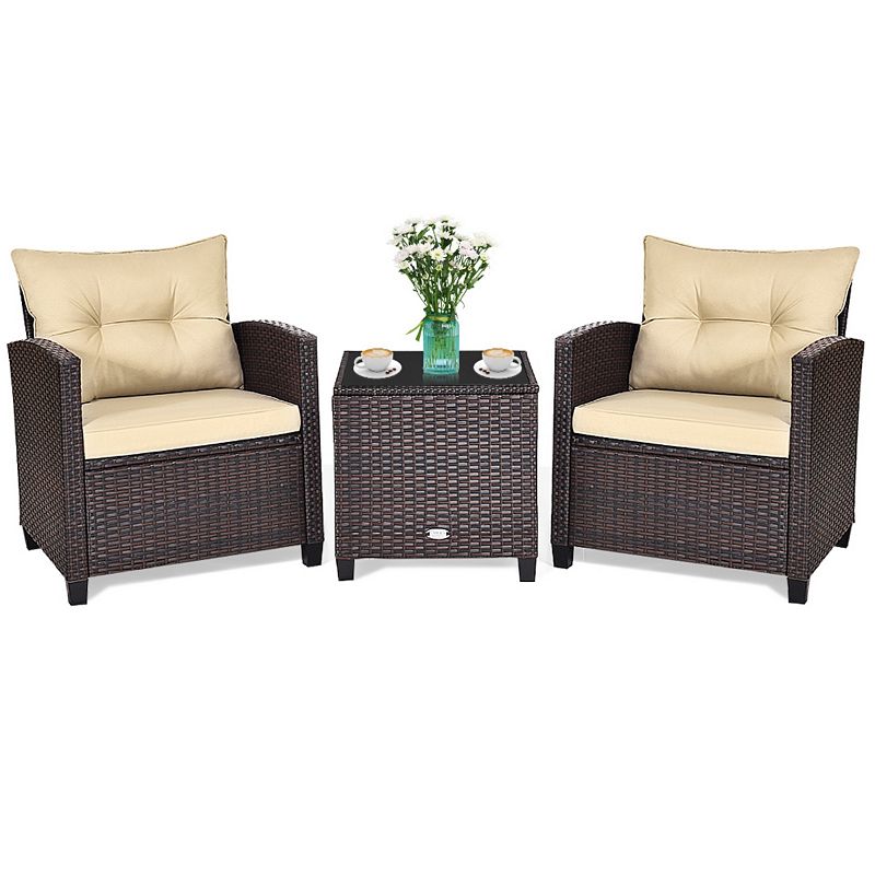 3 Pcs Patio Rattan Furniture Set Cushioned Conversation Set Coffee Table