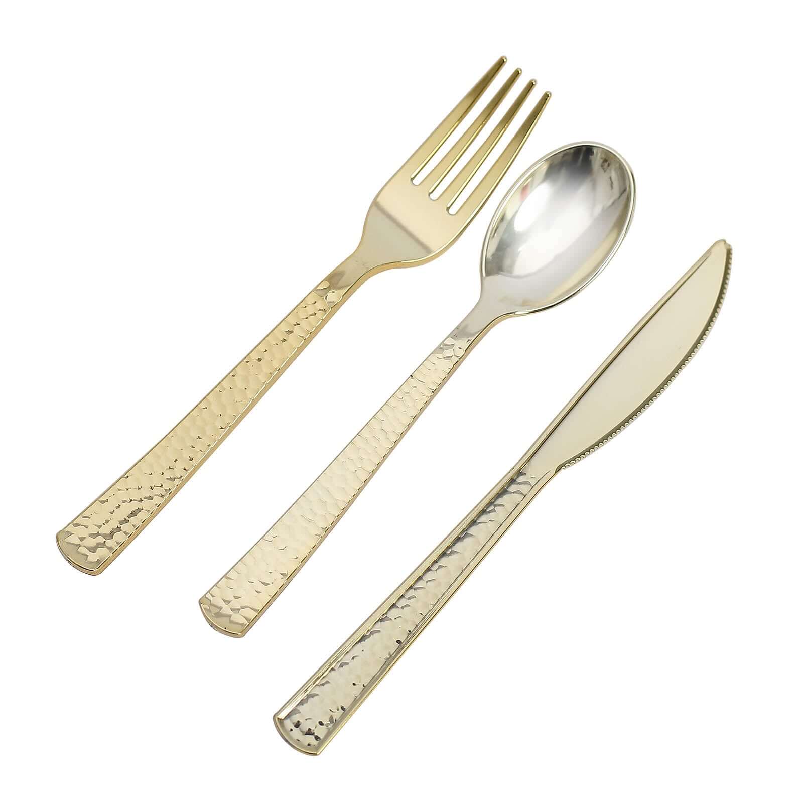 24 Pack Hammered Design Gold Heavy Duty Plastic Silverware Set 7