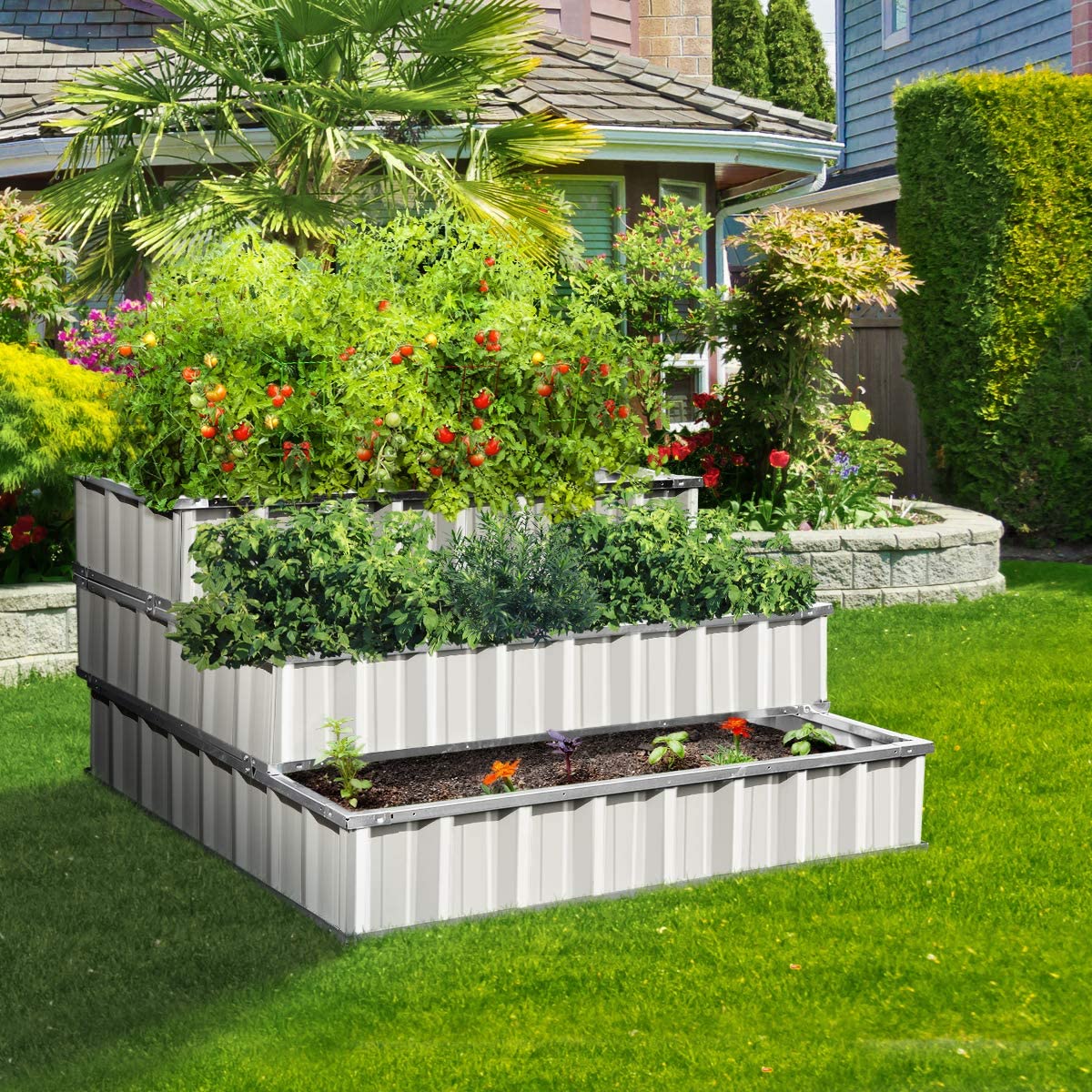 3 Tiers Raised Garden Bed Dismountable Frame Galvanized  Metal Patio Garden Elevated Planter Box 46\u2019\u2019x46\u2019\u2019x23.6\u2019\u2019 for Growing Vegetables  (Ivory)