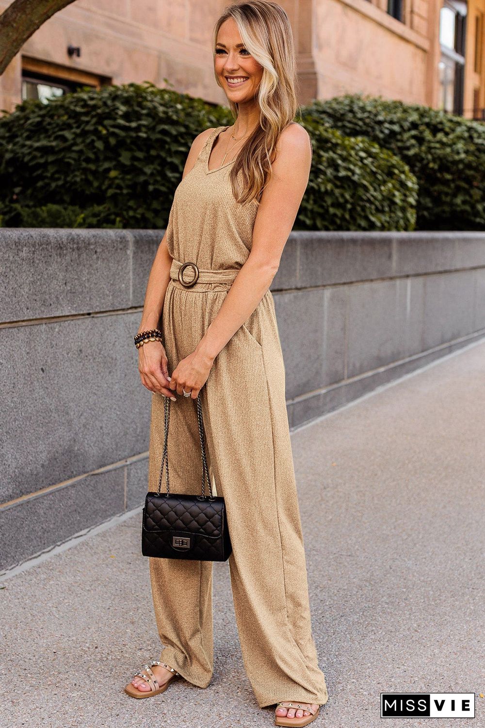 Apricot Casual Sleeveless Buckle Sash Knit Jumpsuit