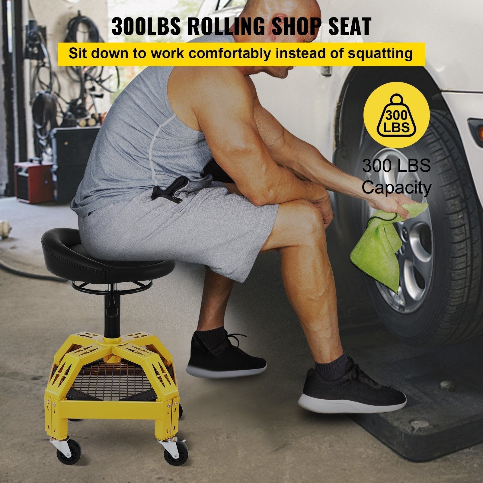 Heavy-Duty Rolling Garage Stool Adjustable Mechanic Stool W/ Casters