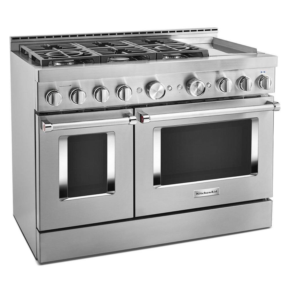 KitchenAid 48 in. 6.3 cu. ft. Smart Double Oven Commercial-Style Gas Range with Griddle and True Convection in Stainless Steel KFGC558JSS