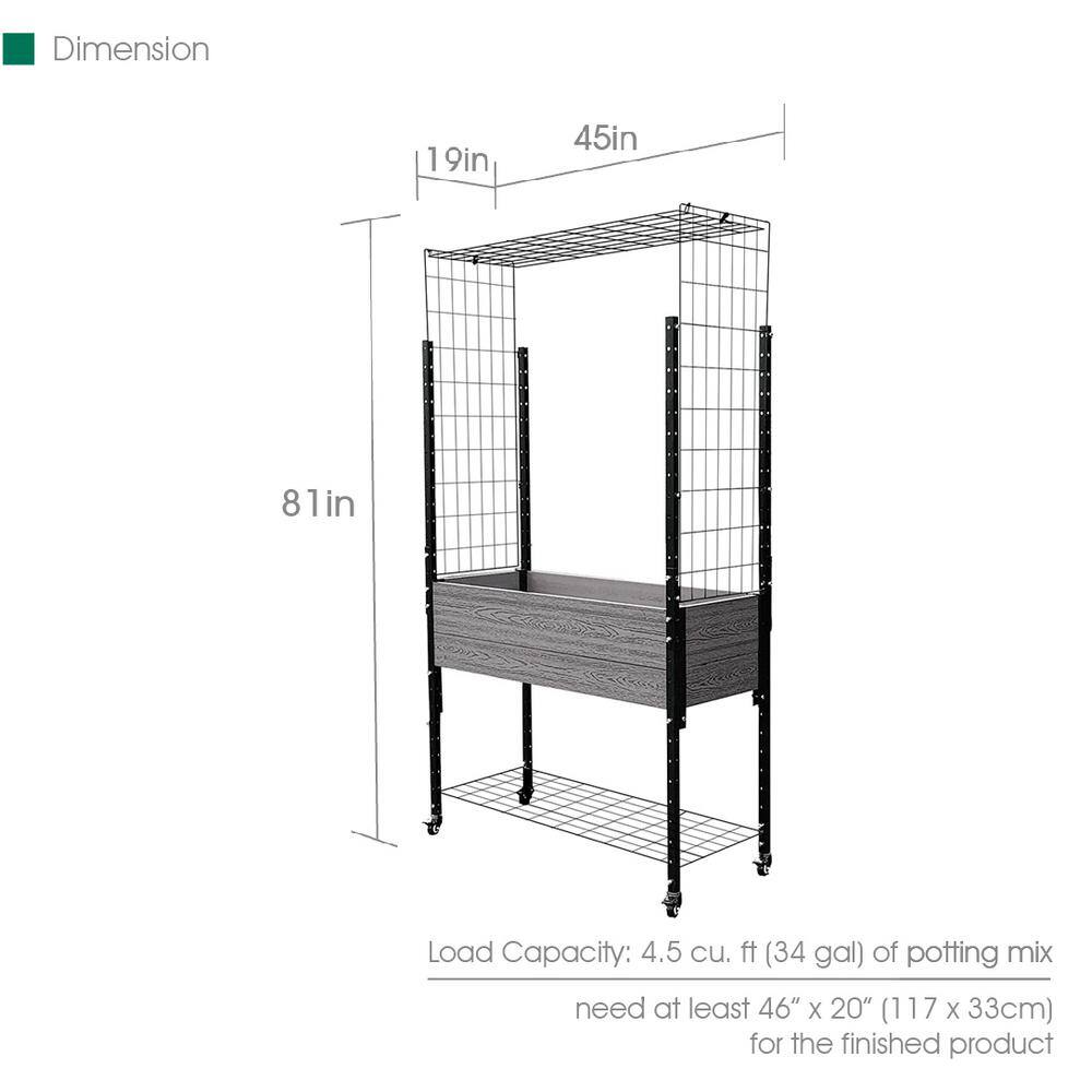 EverBloom 19 in. D x 81 in.H x45in. W Grey and Black Composite Mobile Garden Planter Box Raised Bed w/Trellis Arch and Under Shelf K2102G