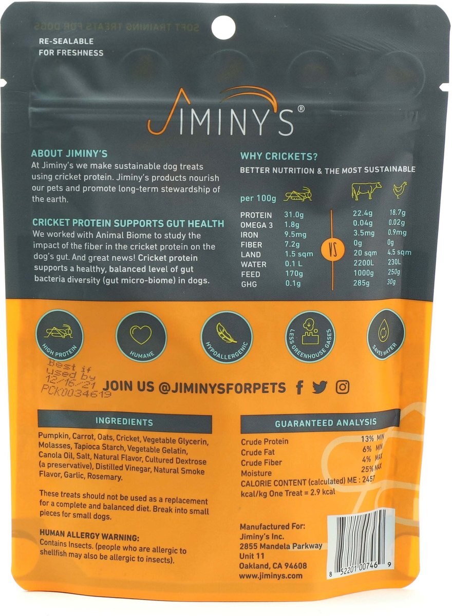 Jiminy's Cricket Cookie Pumpkin and Carrot Recipe Chicken-Free Soft Training Dog Treats， 6-oz bag