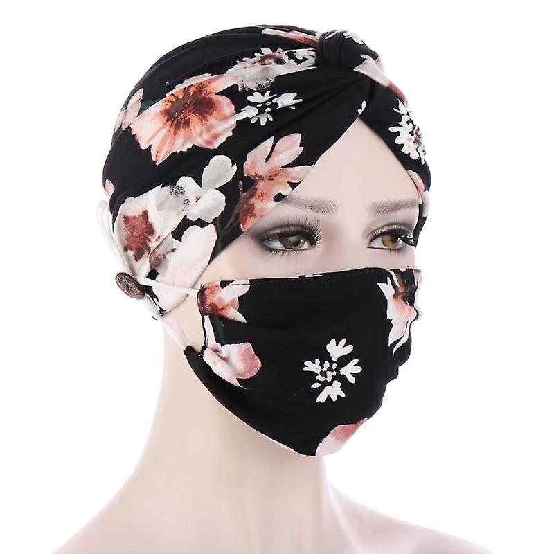 Women- Turban Head Wrap Hat With Mask Button Scarf