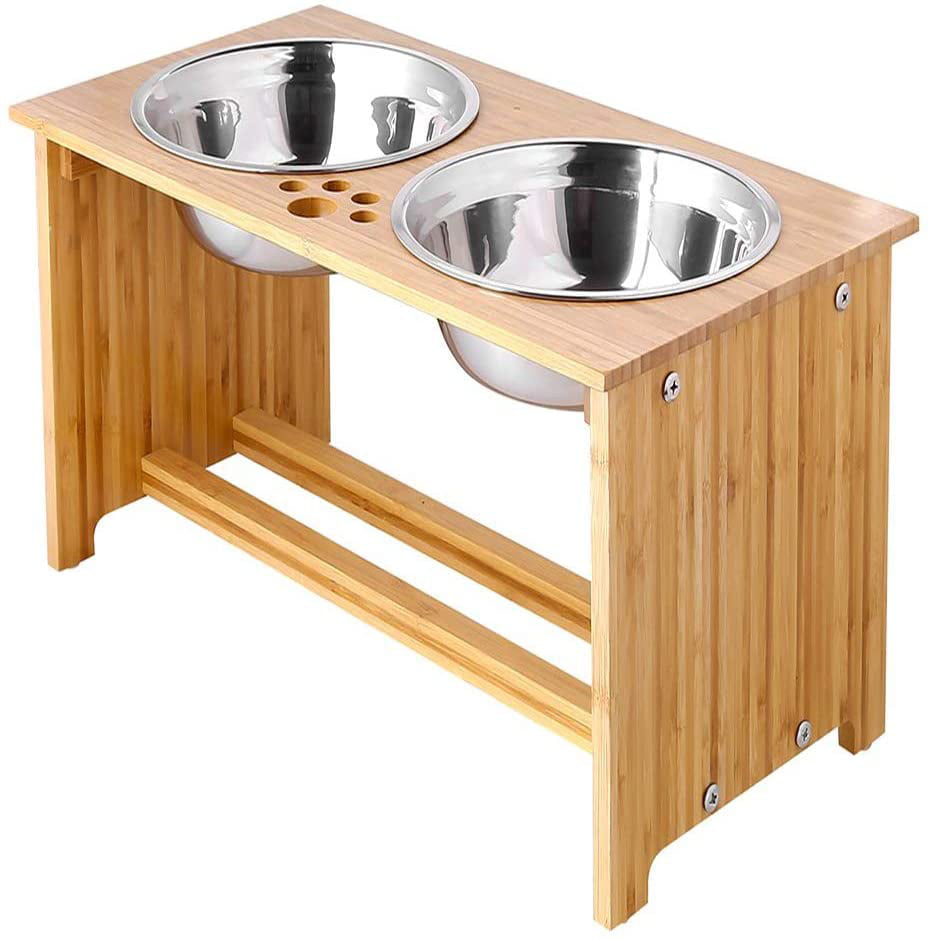 YY FOREYY Raised Pet Bowls for Cats and Small Dogs, Bamboo Elevated Dog Cat Food and Water Bowls Stand Feeder with 2 Stainless Steel Bowls and Anti Slip Feet(15'' Tall)