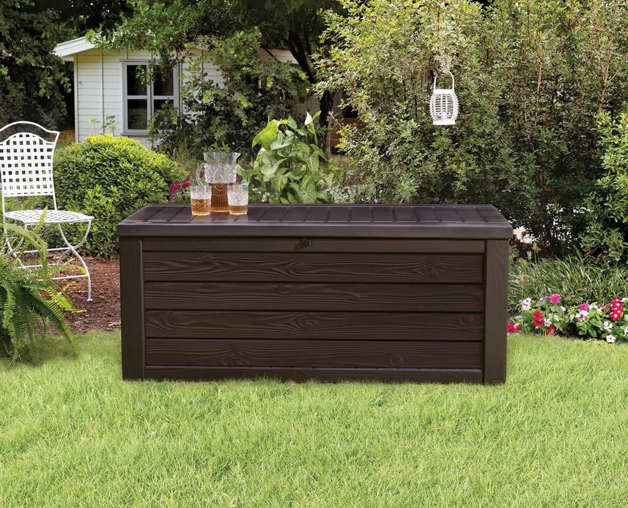 Keter Westwood 150 Gallon Resin Large Deck Box Organization and Storage for Patio Furniture, Outdoor Cushions, Garden Tools and Pool Toys, Brown