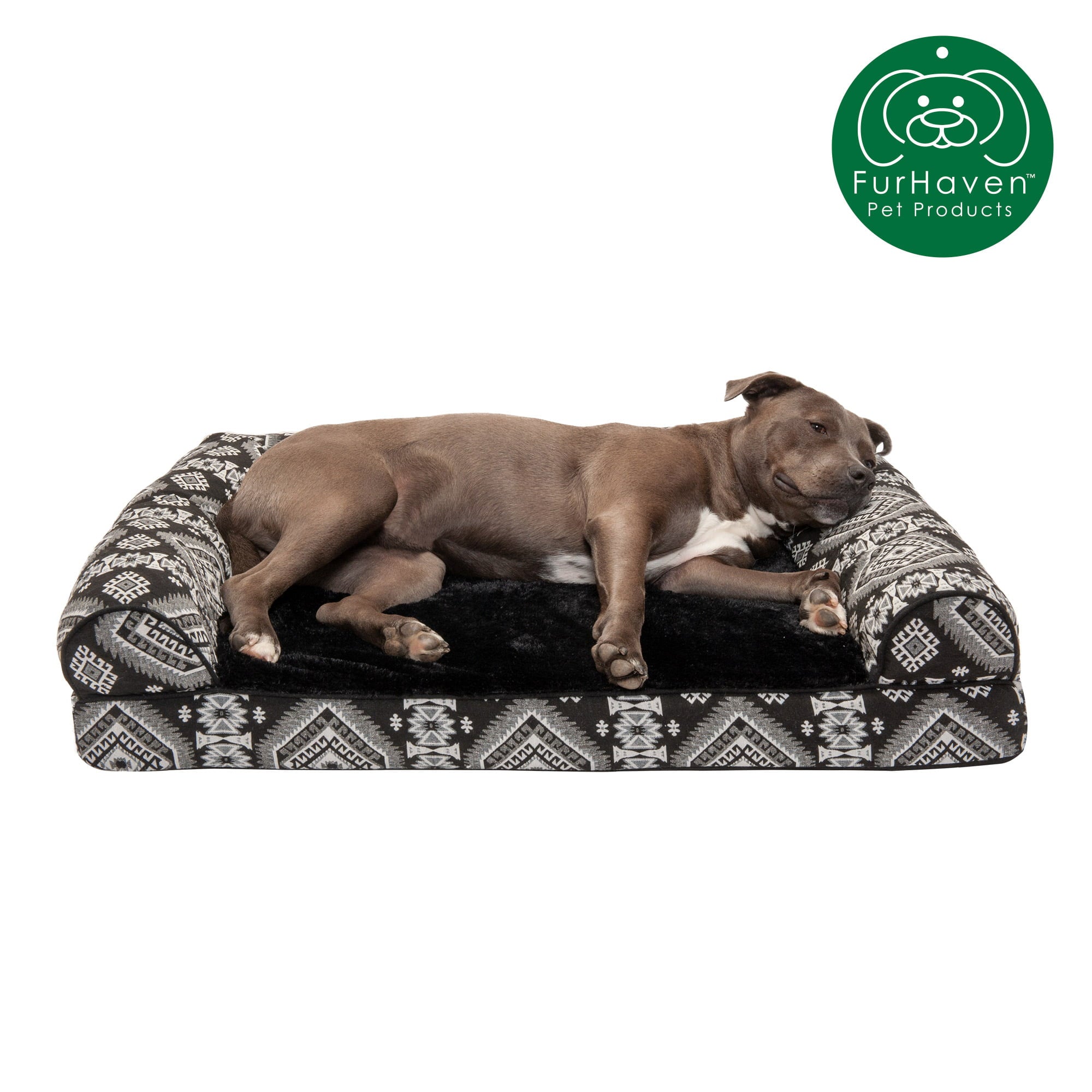 FurHaven Pet Dog Bed | Orthopedic Southwest Kilim Sofa-Style Couch Pet Bed for Dogs and Cats， Black Medallion， Large