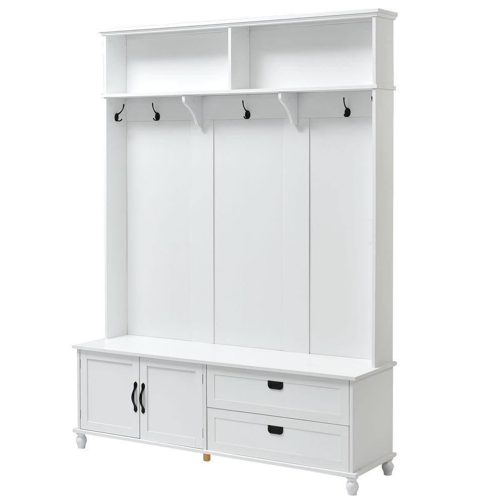 Harper  Bright Designs White Modern Style 59 in. W Hall Tree with Storage Cabinet and 2 Large Drawers and 5 Coat Hooks LXY020AAK