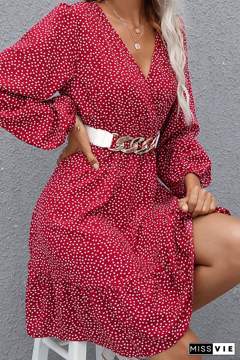 Polka Dot V-neck Long Sleeve Midi Dress Wholesale