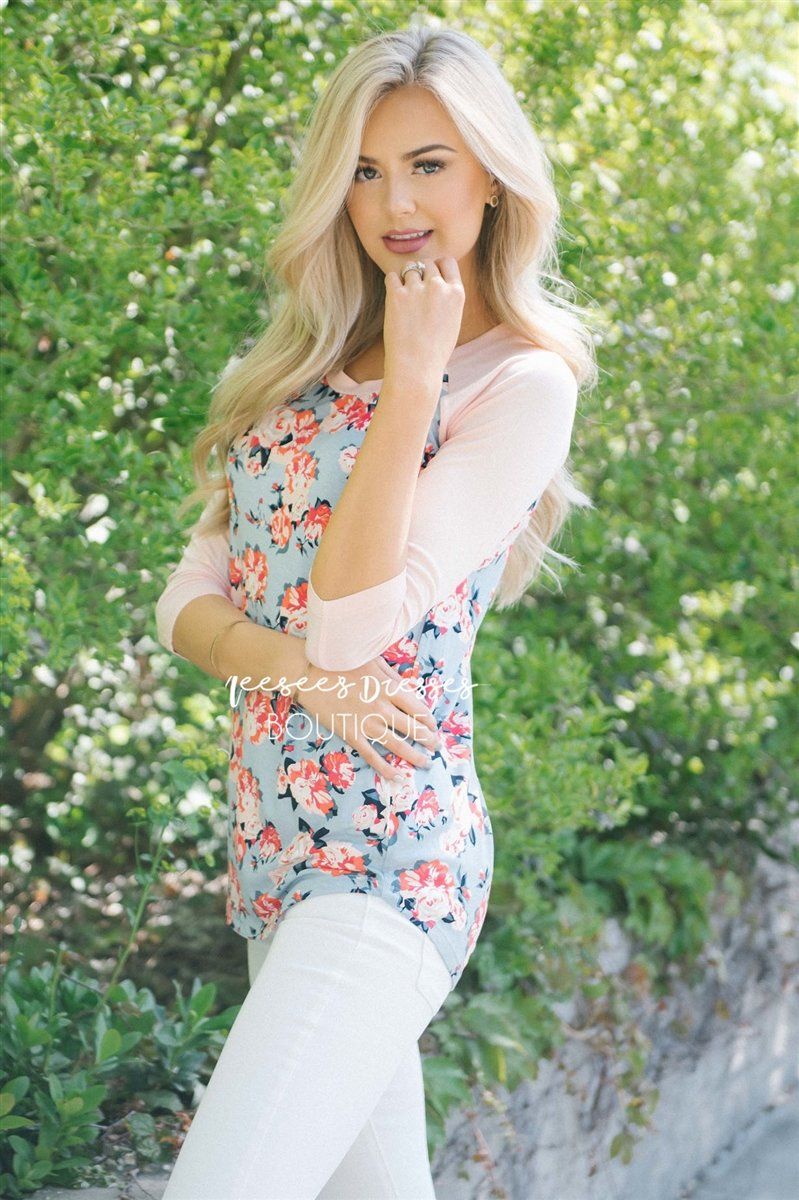 Sky Blue Floral Pink Baseball Sleeve Top