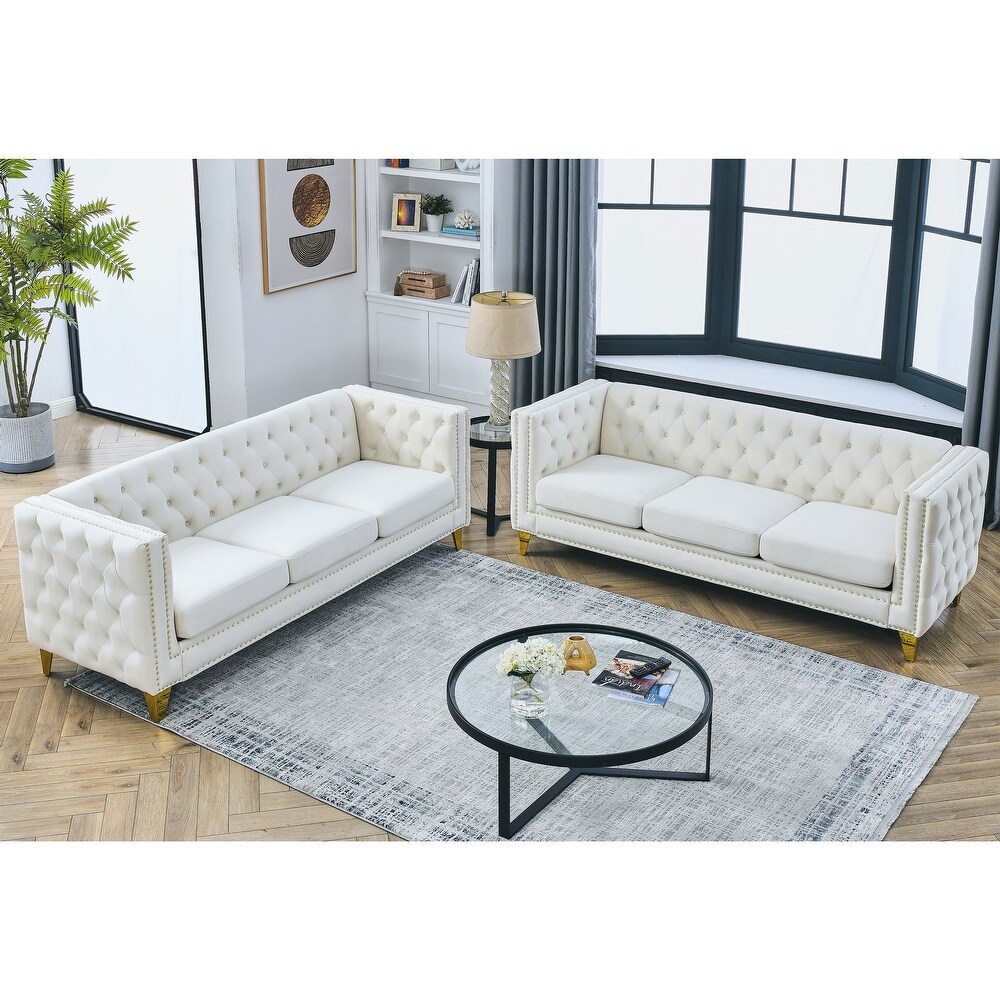 Classic Velvet Chesterfield Sofa Set with Nailhead Trim (Solid Wood Frame  3 Seaters)