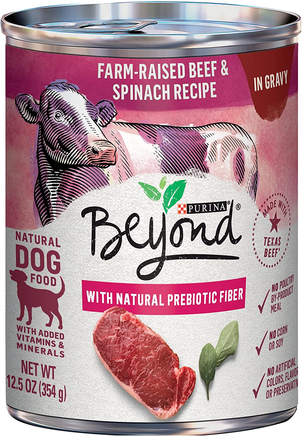 Purina Beyond Wet Natural Dog Food With Gravy， Texas Beef and Spinach Recipe - (12) 12.5 oz. Cans